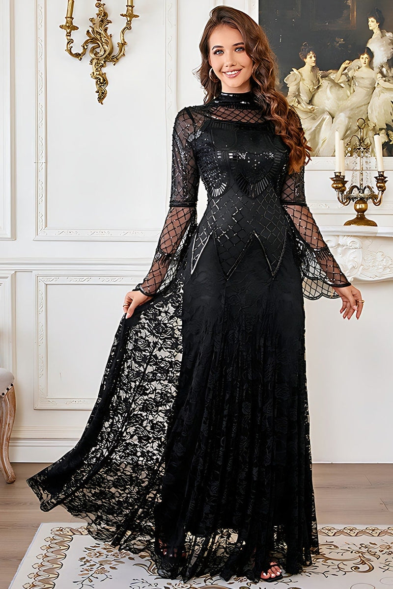 Laden Sie das Bild in den Galerie-Viewer, Schwarzes Spitze Perlenbesetztes Langarm Mutter der Braut Kleid