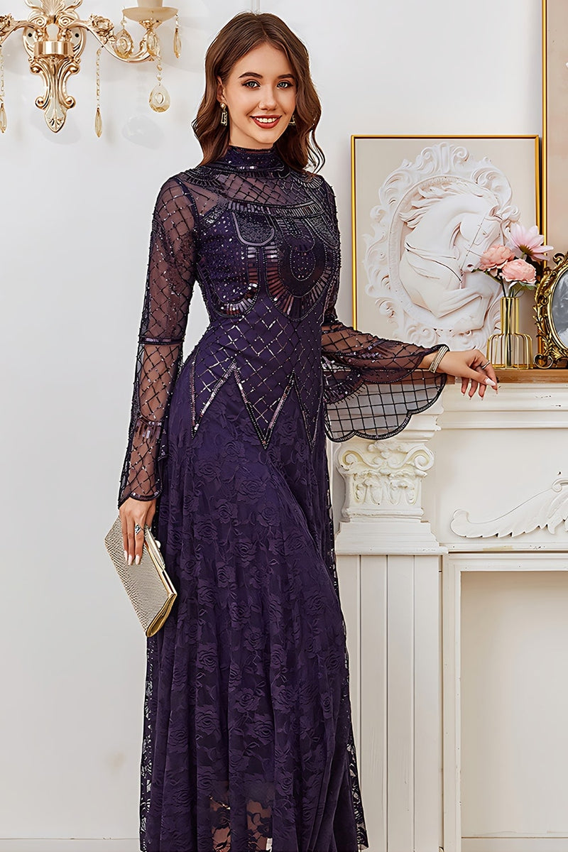 Laden Sie das Bild in den Galerie-Viewer, Schwarzes Spitze Perlenbesetztes Langarm Mutter der Braut Kleid