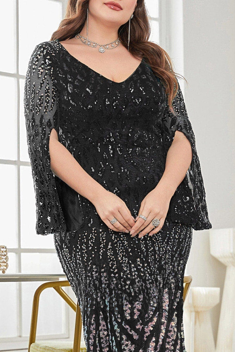Laden Sie das Bild in den Galerie-Viewer, Schwarzes Pailletten V-Ausschnitt Plus Size Mutter der Braut Kleid