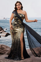 Laden Sie das Bild in den Galerie-Viewer, Glitzerndes Schwarz Golden Mermaid Eine Schulter Langes Abendkleid mit Schlitz