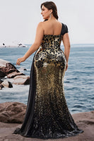 Laden Sie das Bild in den Galerie-Viewer, Glitzerndes Schwarz Golden Mermaid Eine Schulter Langes Abendkleid mit Schlitz