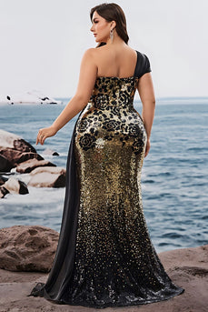 Glitzerndes Schwarz Golden Mermaid Eine Schulter Langes Abendkleid mit Schlitz