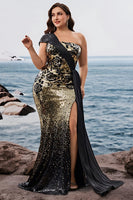 Laden Sie das Bild in den Galerie-Viewer, Glitzerndes Schwarz Golden Mermaid Eine Schulter Langes Abendkleid mit Schlitz