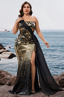 Laden Sie das Bild in den Galerie-Viewer, Glitzerndes Schwarz Golden Mermaid Eine Schulter Langes Abendkleid mit Schlitz