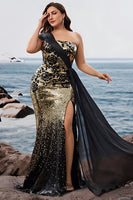 Laden Sie das Bild in den Galerie-Viewer, Glitzerndes Schwarz Golden Mermaid Eine Schulter Langes Abendkleid mit Schlitz