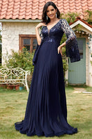 Laden Sie das Bild in den Galerie-Viewer, Marineblaues Pailletten V-Ausschnitt Langes Mutter der Braut Kleid