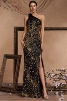 Laden Sie das Bild in den Galerie-Viewer, Schwarze Goldene Pailletten Meerjungfrau Ein Schulter Perlen Kleid aus den 1920er Jahren mit Schlitz