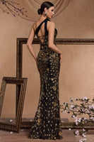 Laden Sie das Bild in den Galerie-Viewer, Schwarze Goldene Pailletten Meerjungfrau Ein Schulter Perlen Kleid aus den 1920er Jahren mit Schlitz