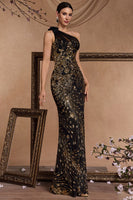 Laden Sie das Bild in den Galerie-Viewer, Schwarze Goldene Pailletten Meerjungfrau Ein Schulter Perlen Kleid aus den 1920er Jahren mit Schlitz