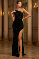 Laden Sie das Bild in den Galerie-Viewer, Eine Schulter Schwarzes Langes Abendkleid mit Pailletten und Schlitz