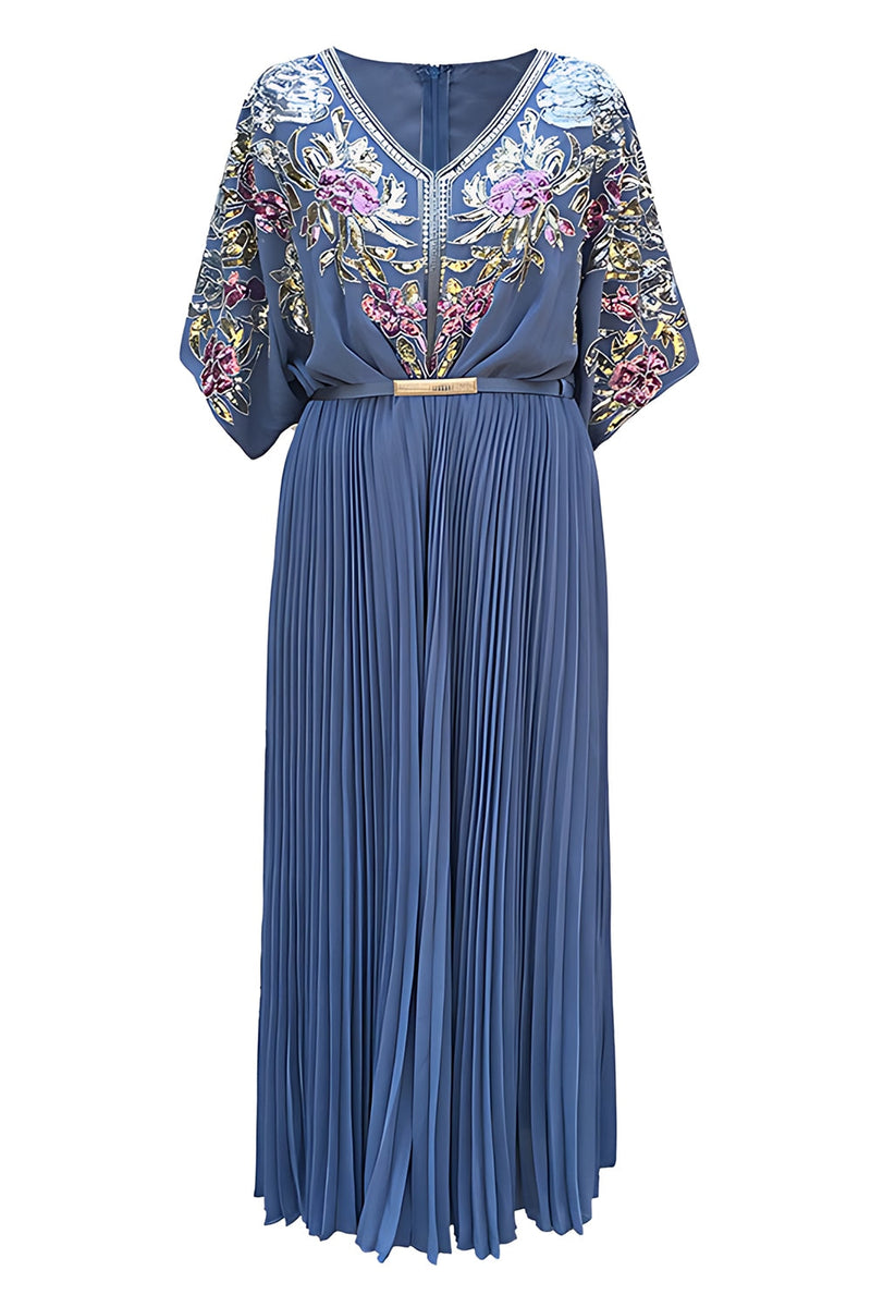 Laden Sie das Bild in den Galerie-Viewer, Schwarze Pailletten Plissiertes V-Ausschnitt Kleid aus den 1920er Jahren mit Gürtel