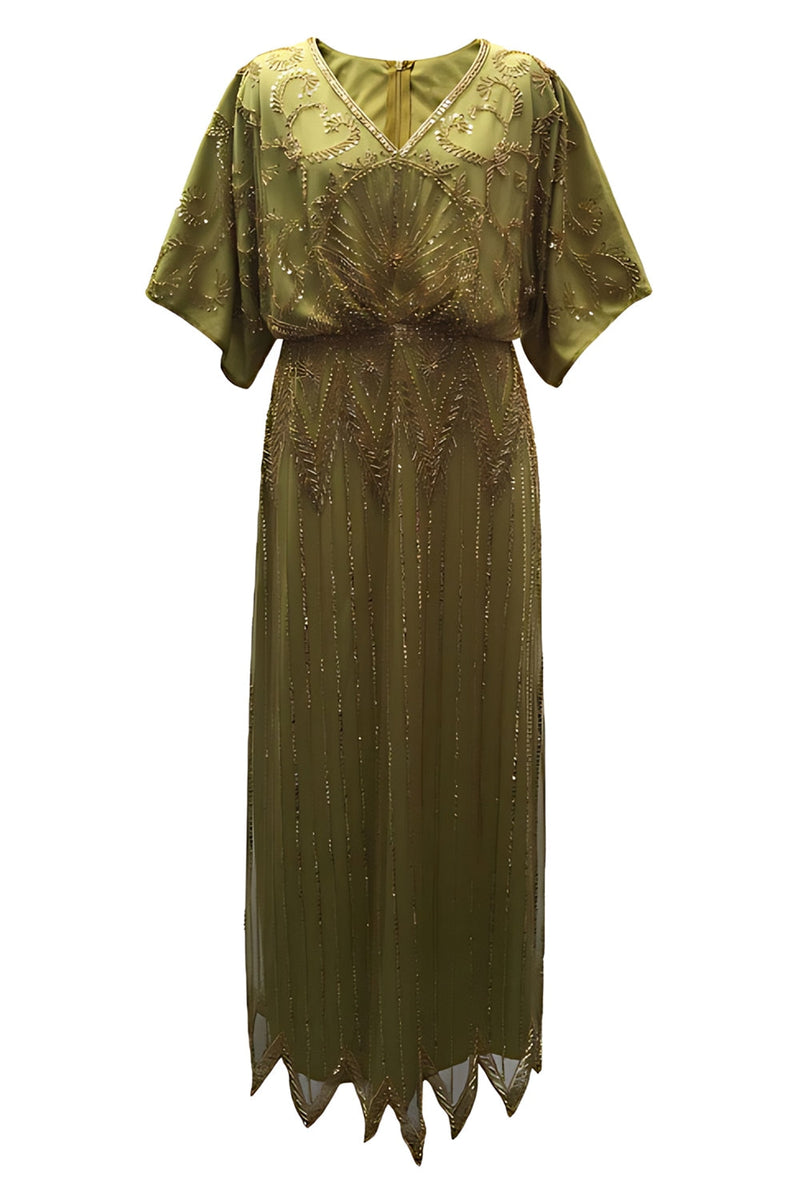 Laden Sie das Bild in den Galerie-Viewer, Glitzerndes Schwarzes Gold Pailletten V-Ausschnitt Langes Kleid aus den 1920er Jahren