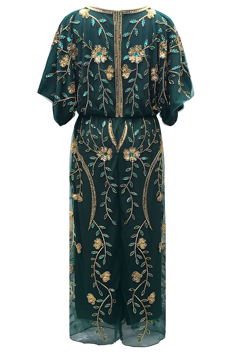 Laden Sie das Bild in den Galerie-Viewer, Schwarzer V-Ausschnitt Pailletten Scheide Halbärmel Kleid der 1920er Jahre