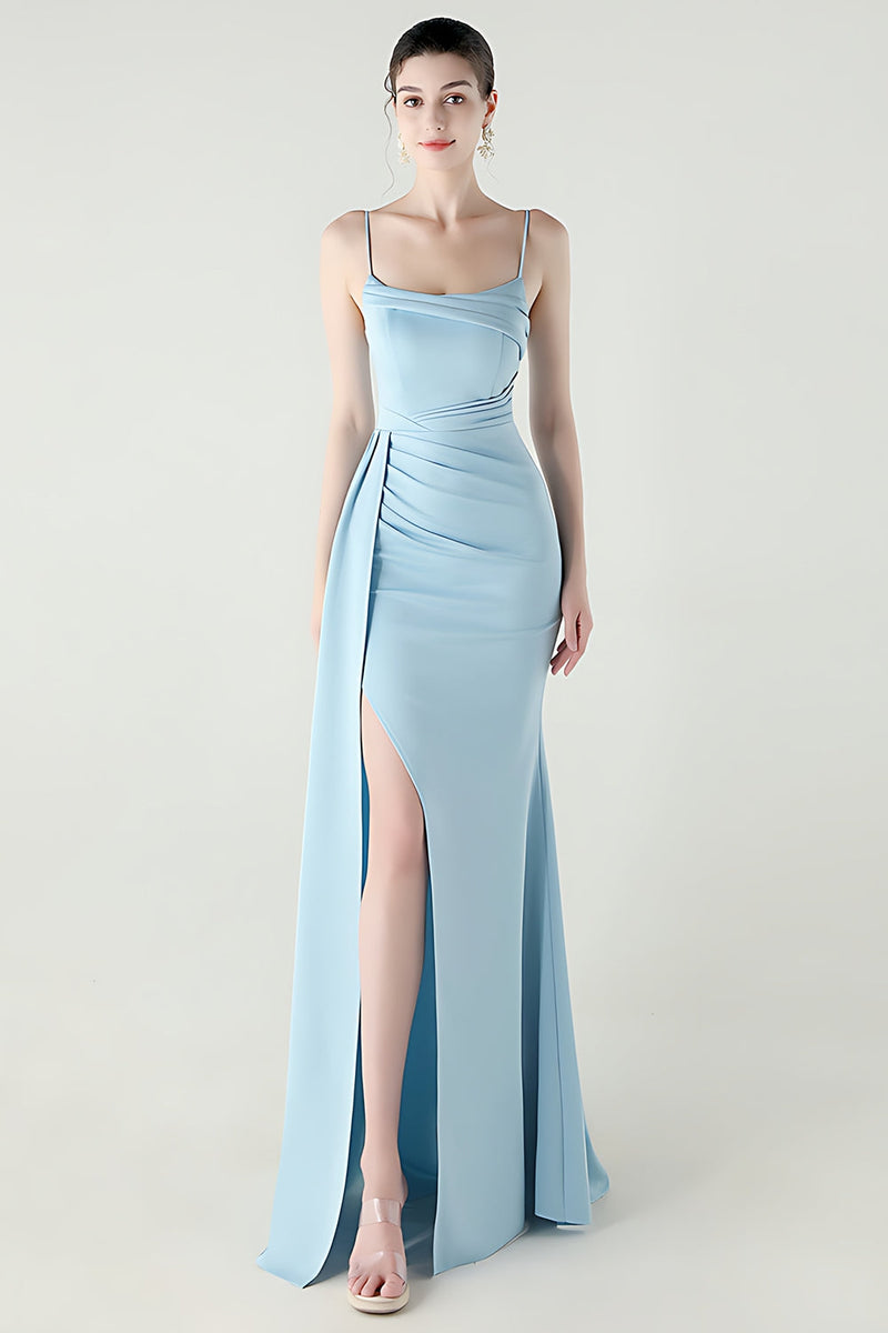 Laden Sie das Bild in den Galerie-Viewer, Schwarze Spaghettiträger Meerjungfrauen Langes Abschlussballkleid mit Schlitz