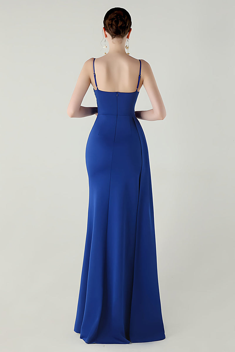 Laden Sie das Bild in den Galerie-Viewer, Schwarze Spaghettiträger Meerjungfrauen Langes Abschlussballkleid mit Schlitz