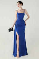 Laden Sie das Bild in den Galerie-Viewer, Schwarze Spaghettiträger Meerjungfrauen Langes Abschlussballkleid mit Schlitz