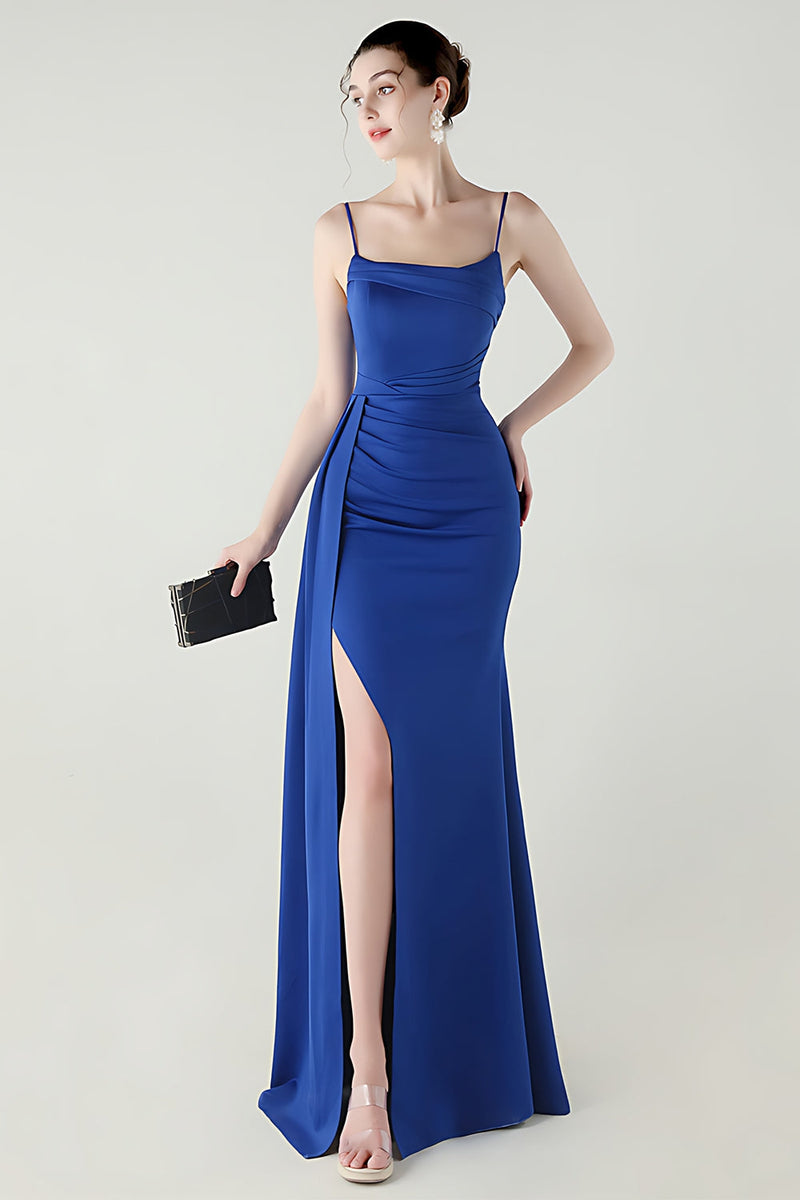 Laden Sie das Bild in den Galerie-Viewer, Schwarze Spaghettiträger Meerjungfrauen Langes Abschlussballkleid mit Schlitz