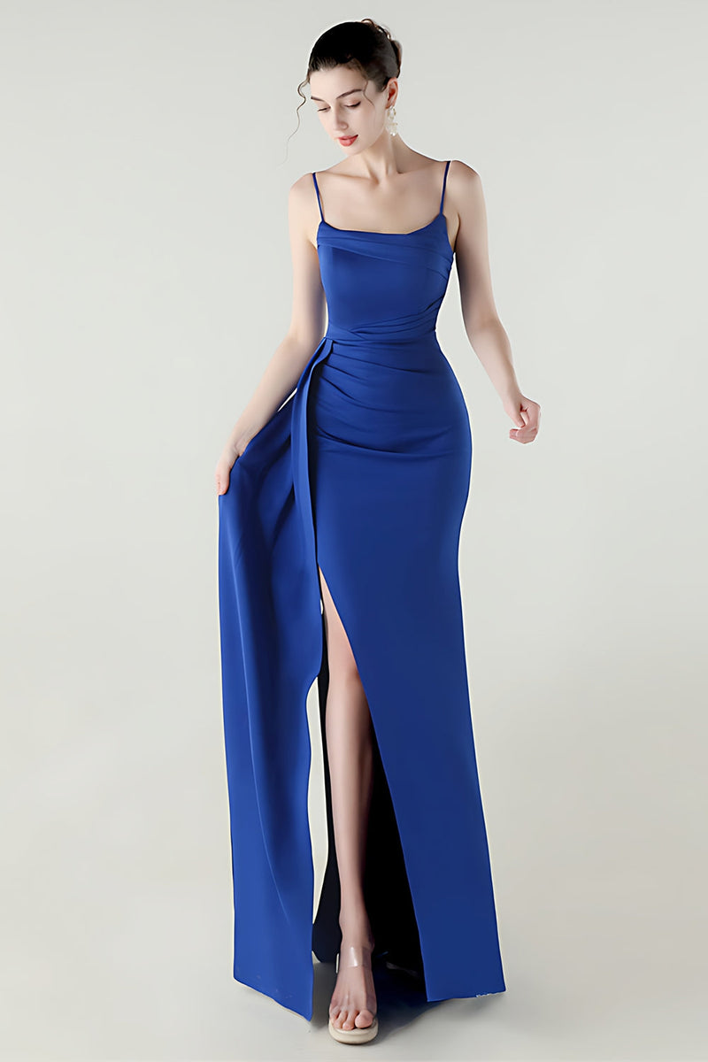 Laden Sie das Bild in den Galerie-Viewer, Schwarze Spaghettiträger Meerjungfrauen Langes Abschlussballkleid mit Schlitz