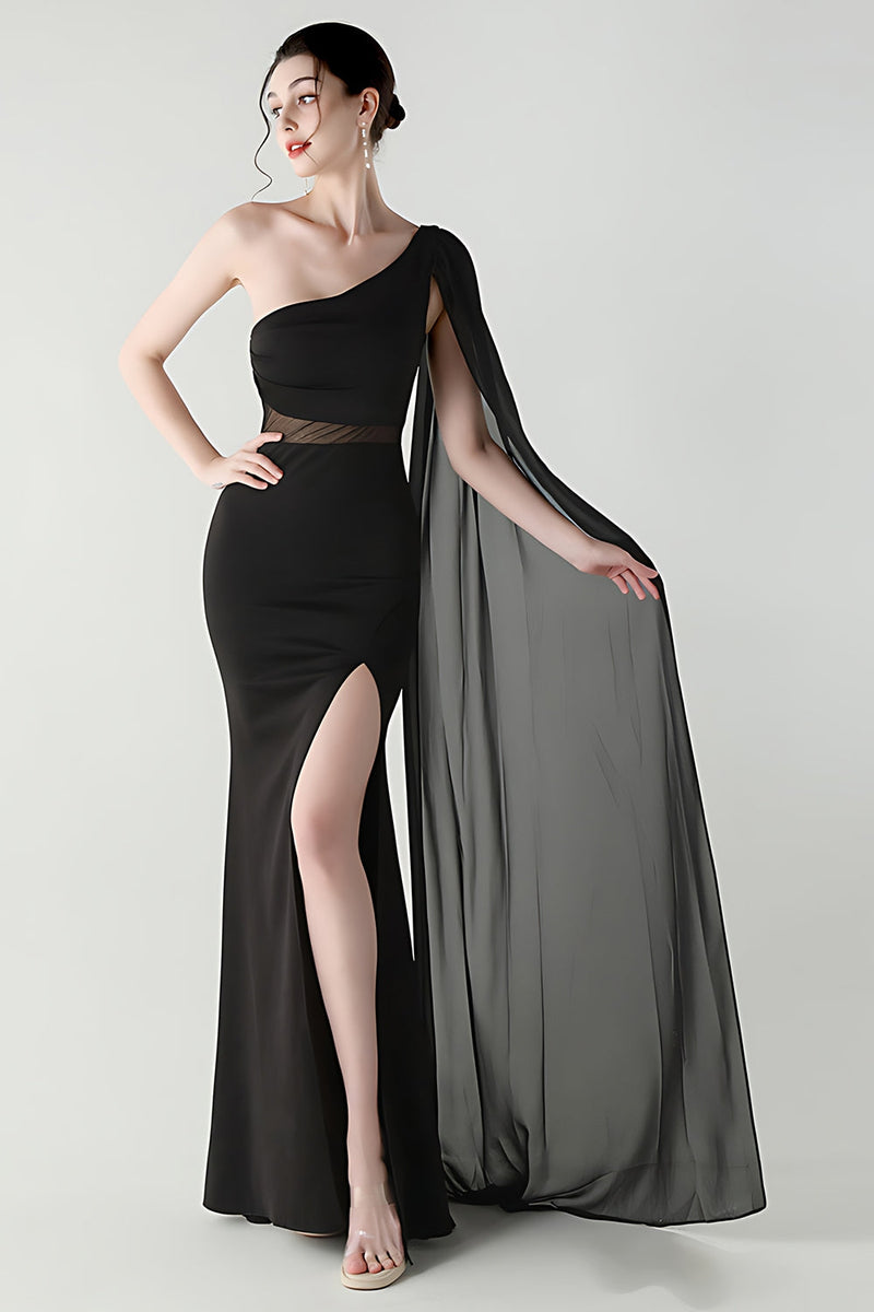 Laden Sie das Bild in den Galerie-Viewer, Eine Schulter Schwarzes Meerjungfrauen Streamer Langes Festliches Kleid mit Schlitz