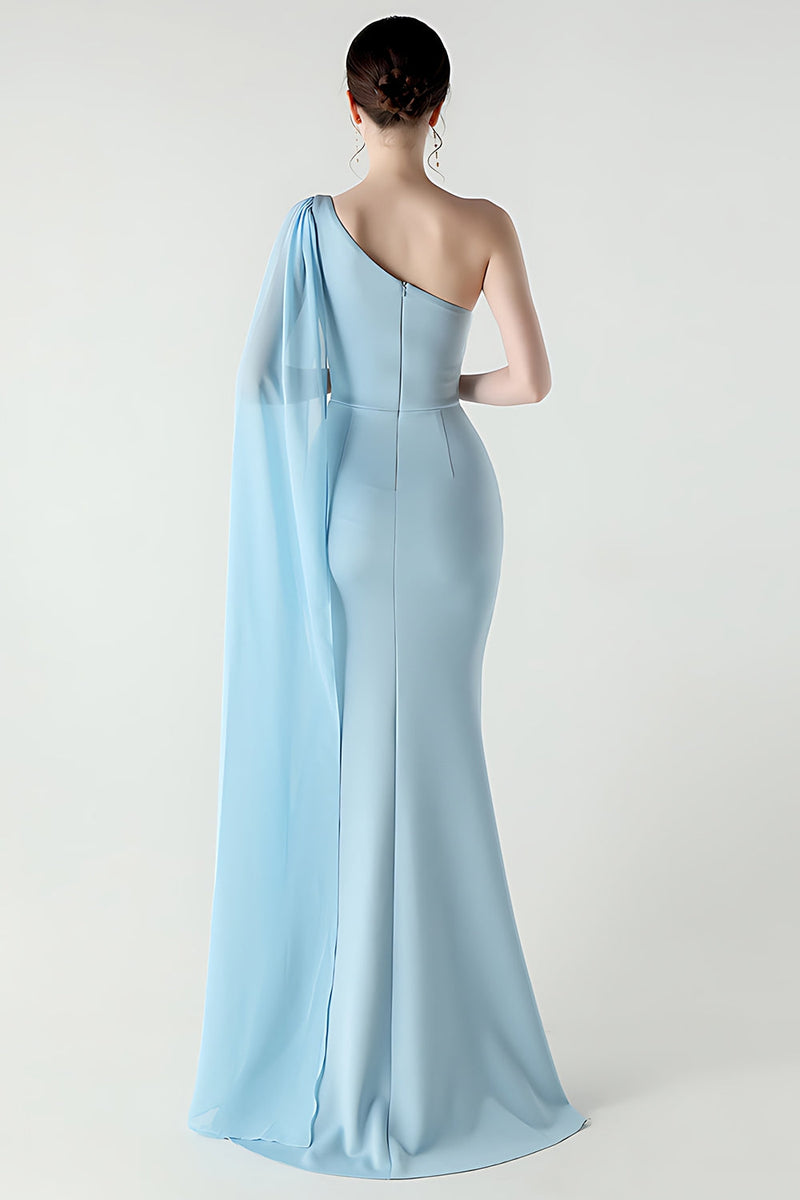 Laden Sie das Bild in den Galerie-Viewer, Eine Schulter Schwarzes Meerjungfrauen Streamer Langes Festliches Kleid mit Schlitz