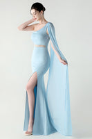 Laden Sie das Bild in den Galerie-Viewer, Eine Schulter Schwarzes Meerjungfrauen Streamer Langes Festliches Kleid mit Schlitz