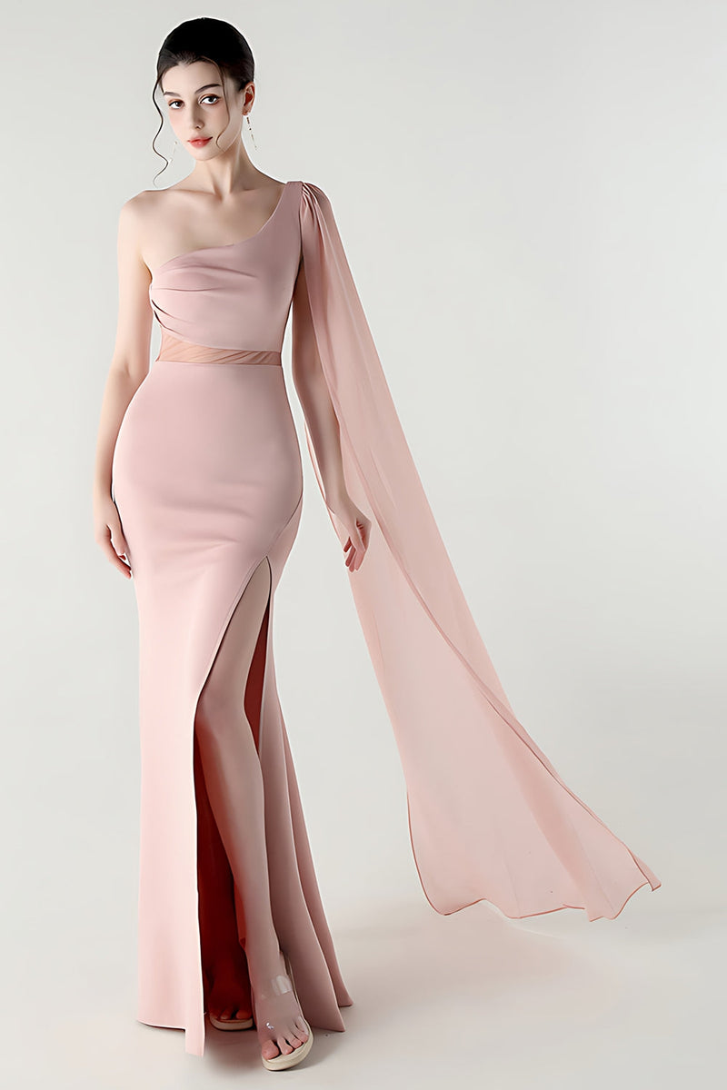 Laden Sie das Bild in den Galerie-Viewer, Eine Schulter Schwarzes Meerjungfrauen Streamer Langes Festliches Kleid mit Schlitz