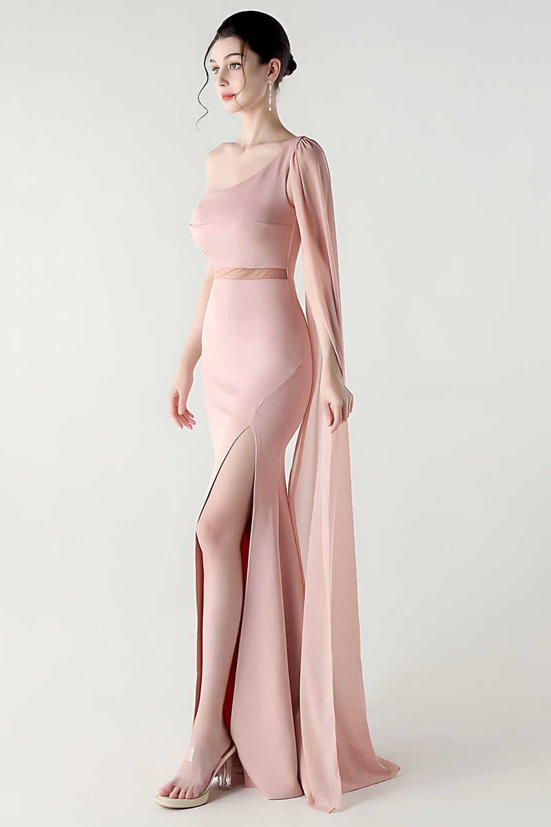 Laden Sie das Bild in den Galerie-Viewer, Eine Schulter Schwarzes Meerjungfrauen Streamer Langes Festliches Kleid mit Schlitz