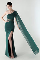 Laden Sie das Bild in den Galerie-Viewer, Eine Schulter Schwarzes Meerjungfrauen Streamer Langes Festliches Kleid mit Schlitz