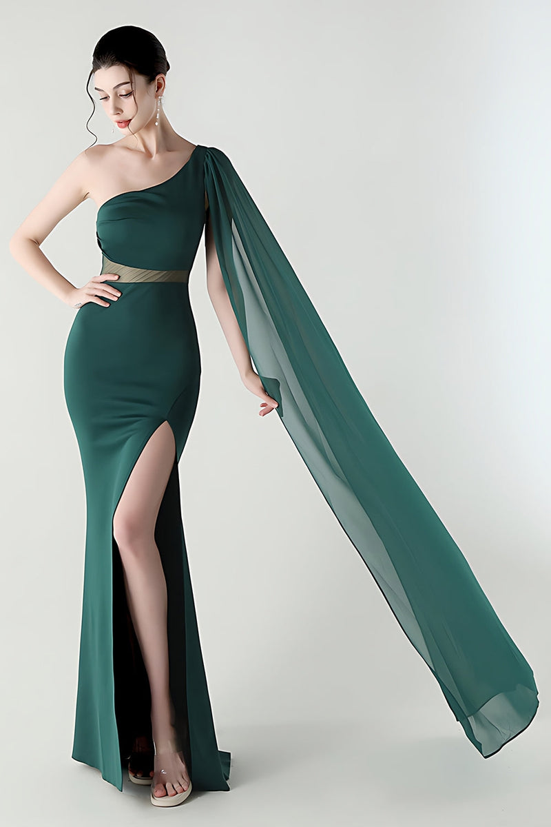 Laden Sie das Bild in den Galerie-Viewer, Eine Schulter Schwarzes Meerjungfrauen Streamer Langes Festliches Kleid mit Schlitz