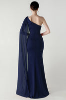 Laden Sie das Bild in den Galerie-Viewer, Eine Schulter Schwarzes Meerjungfrauen Streamer Langes Festliches Kleid mit Schlitz