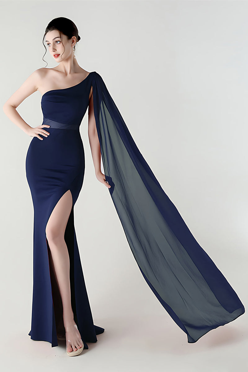 Laden Sie das Bild in den Galerie-Viewer, Eine Schulter Schwarzes Meerjungfrauen Streamer Langes Festliches Kleid mit Schlitz