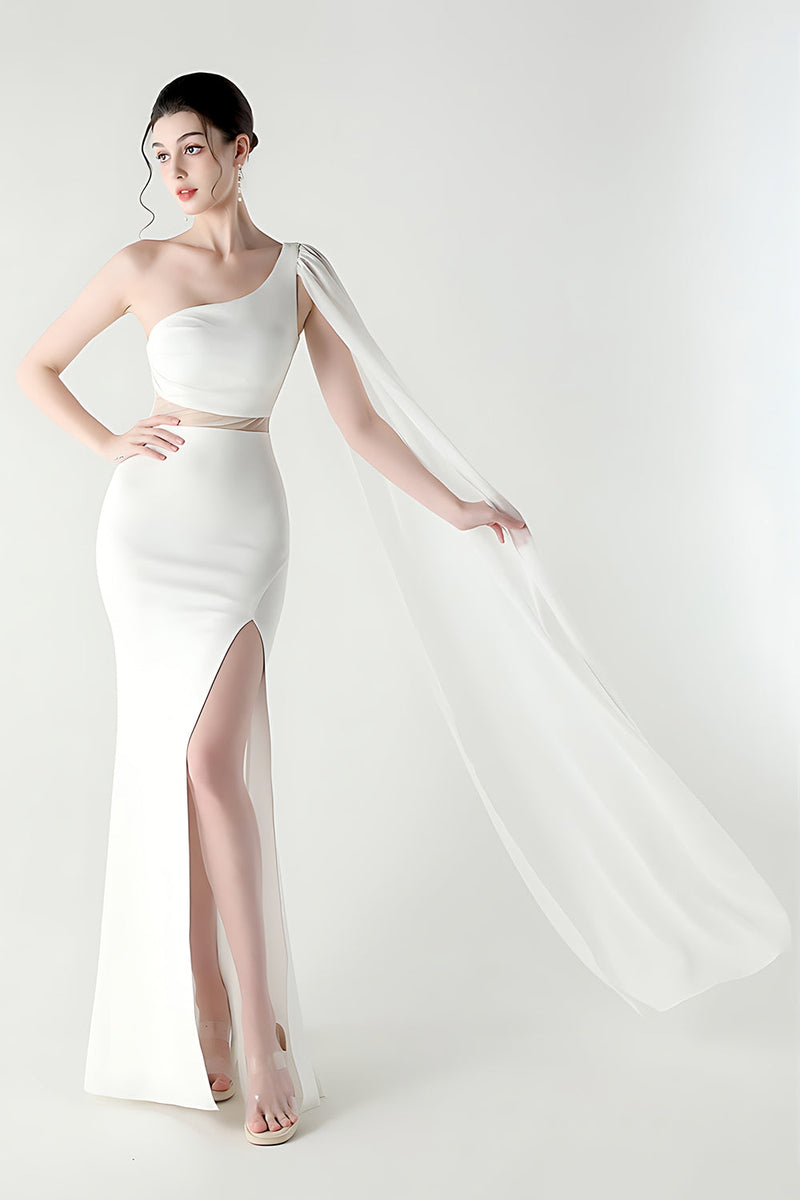 Laden Sie das Bild in den Galerie-Viewer, Eine Schulter Schwarzes Meerjungfrauen Streamer Langes Festliches Kleid mit Schlitz