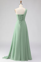 Laden Sie das Bild in den Galerie-Viewer, Salbeigrünes A-Linie Langes Brautjungfernkleid mit Schlitz