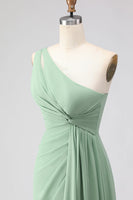 Laden Sie das Bild in den Galerie-Viewer, Salbeigrünes A-Linie Langes Brautjungfernkleid mit Schlitz