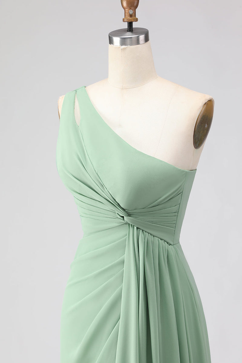 Laden Sie das Bild in den Galerie-Viewer, Salbeigrünes A-Linie Langes Brautjungfernkleid mit Schlitz