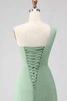 Laden Sie das Bild in den Galerie-Viewer, Salbeigrünes A-Linie Langes Brautjungfernkleid mit Schlitz