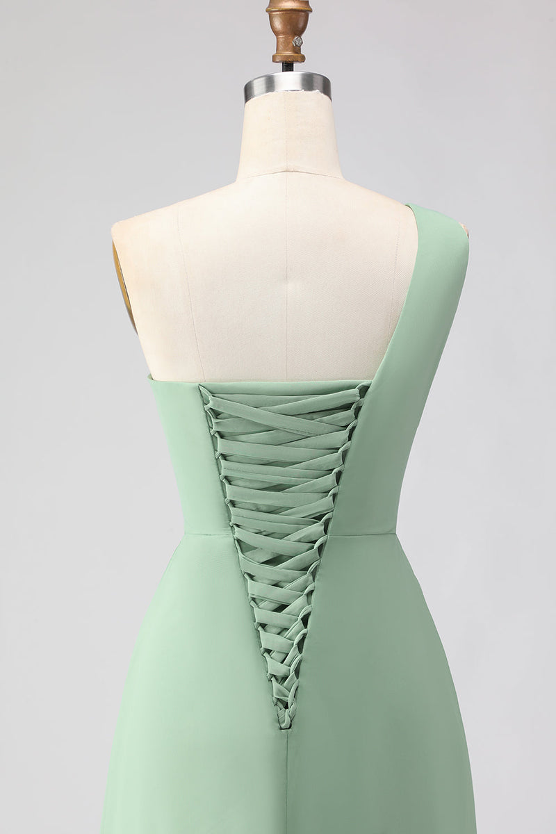 Laden Sie das Bild in den Galerie-Viewer, Salbeigrünes A-Linie Langes Brautjungfernkleid mit Schlitz