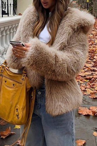 Khaki Kapuzenjacke mit Kunstpelz Kurzer Frauenmantel