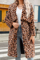 Laden Sie das Bild in den Galerie-Viewer, Brauner Leoparden Kunstpelz Verdickter Schal-Revers Damenmantel