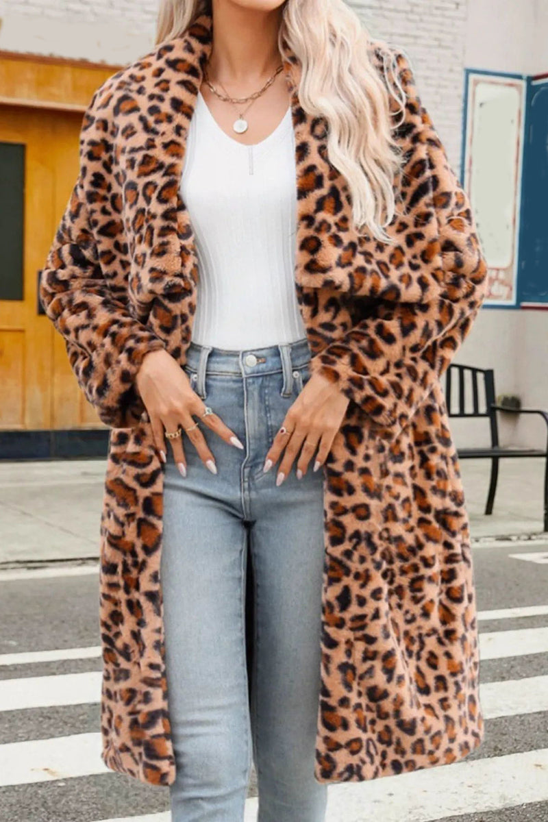 Laden Sie das Bild in den Galerie-Viewer, Brauner Leoparden Kunstpelz Verdickter Schal-Revers Damenmantel