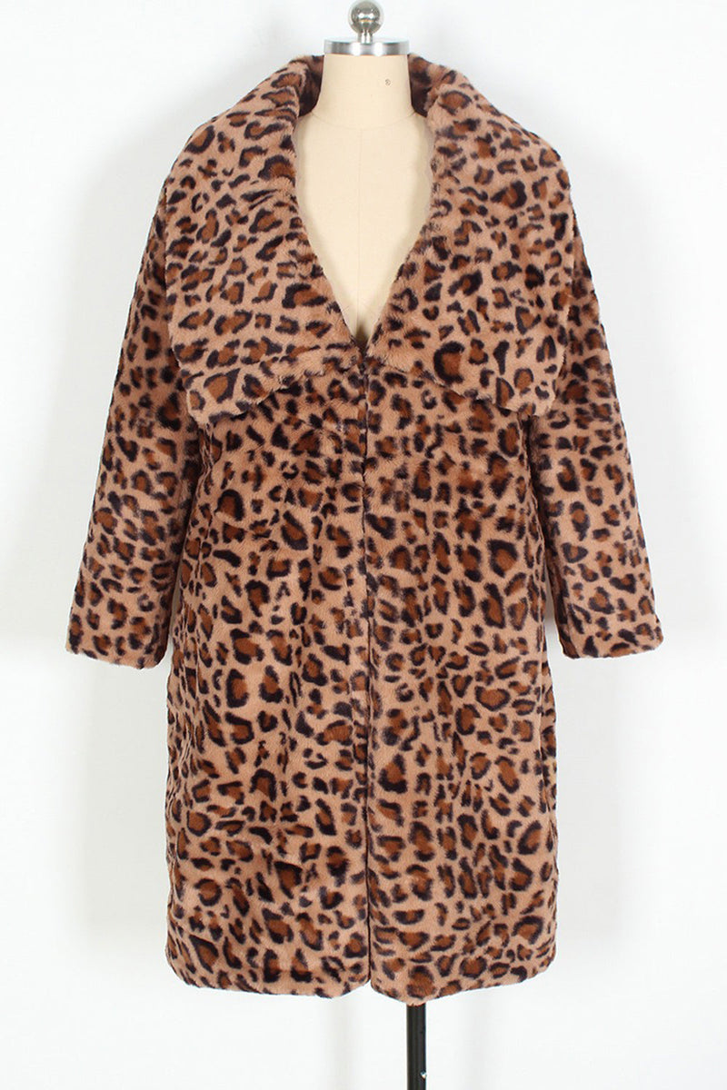 Laden Sie das Bild in den Galerie-Viewer, Brauner Leoparden Kunstpelz Verdickter Schal-Revers Damenmantel