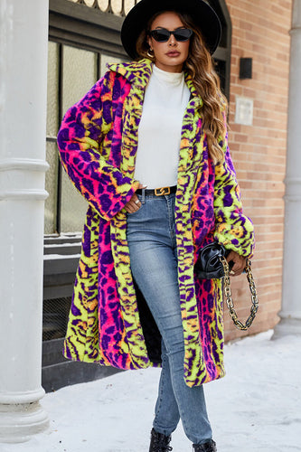 Gelber Leoparden Kunstpelz Schal mit Revers Midi Damenmantel