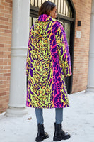Laden Sie das Bild in den Galerie-Viewer, Gelber Leoparden Kunstpelz Schal mit Revers Midi Damenmantel