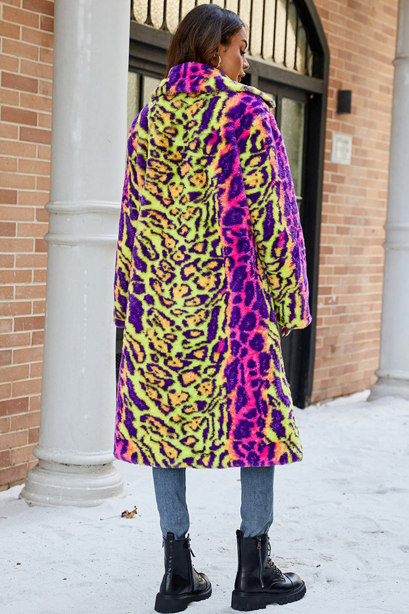 Laden Sie das Bild in den Galerie-Viewer, Gelber Leoparden Kunstpelz Schal mit Revers Midi Damenmantel