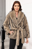 Laden Sie das Bild in den Galerie-Viewer, Kaffee Kunstpelz Schal mit Revers Damenmantel mit Gürtel