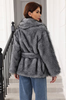 Laden Sie das Bild in den Galerie-Viewer, Kaffee Kunstpelz Schal mit Revers Damenmantel mit Gürtel