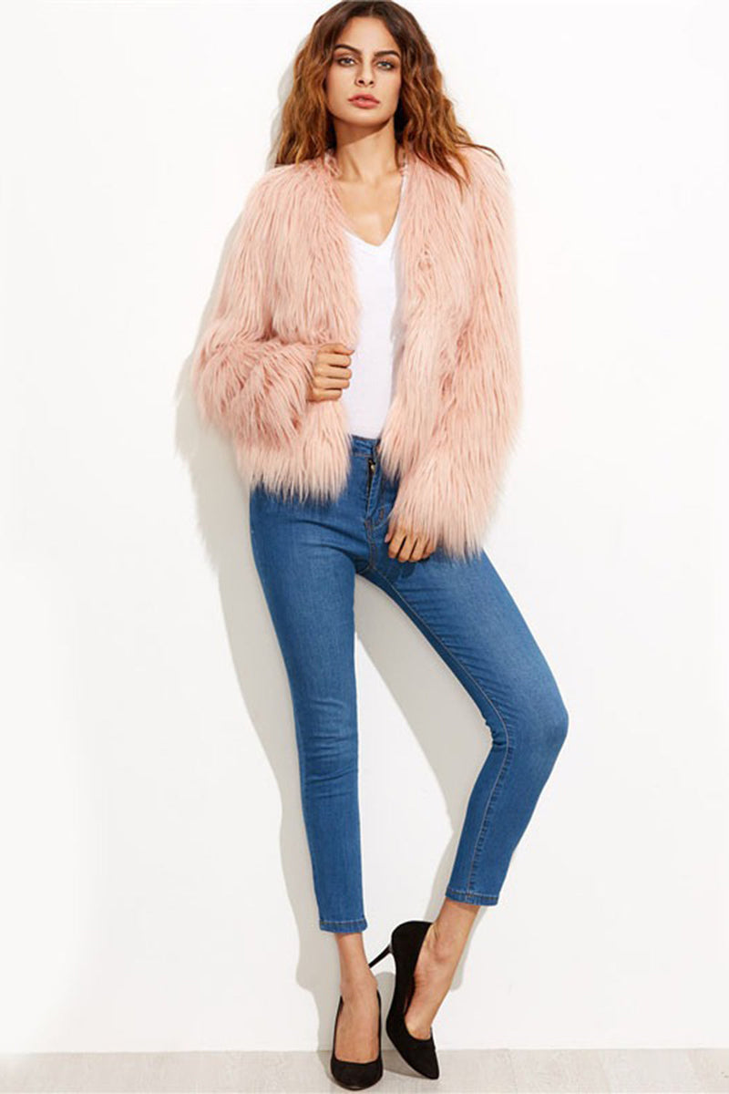 Laden Sie das Bild in den Galerie-Viewer, Blush Rosa Kunstpelz Langärmeliger Offener Wintermantel für Frauen