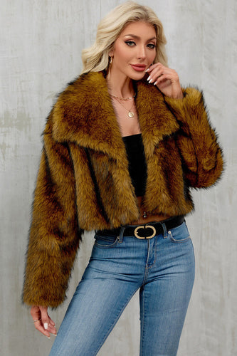 Brauner Kunstpelz Schal Revers Damen Kurzer Wintermantel