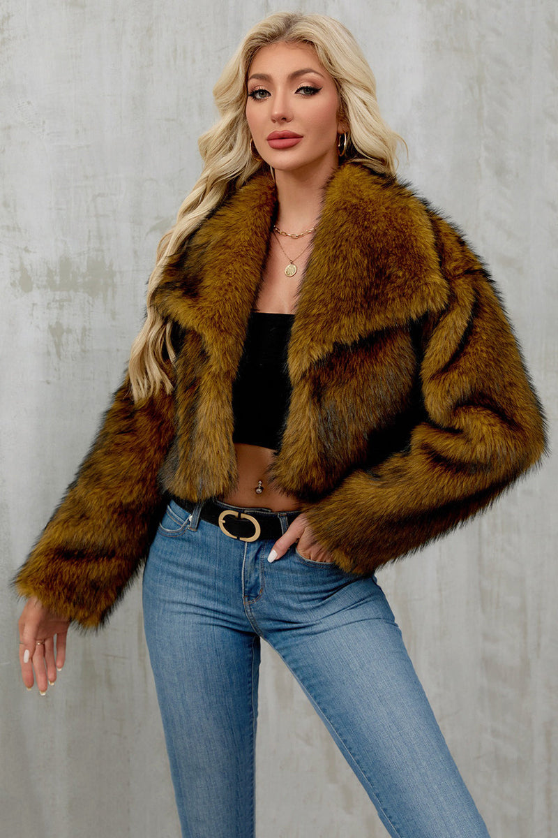 Laden Sie das Bild in den Galerie-Viewer, Brauner Kunstpelz Schal Revers Damen Kurzer Wintermantel