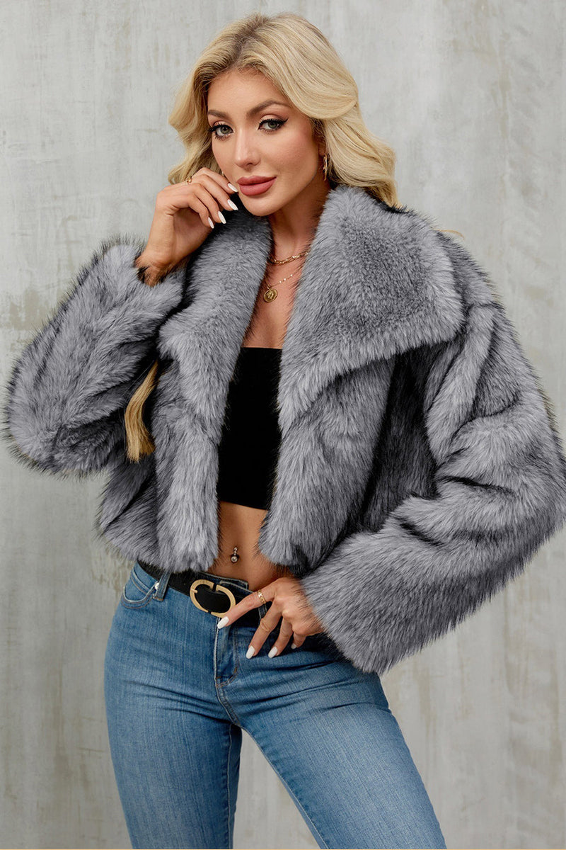 Laden Sie das Bild in den Galerie-Viewer, Brauner Kunstpelz Schal Revers Damen Kurzer Wintermantel